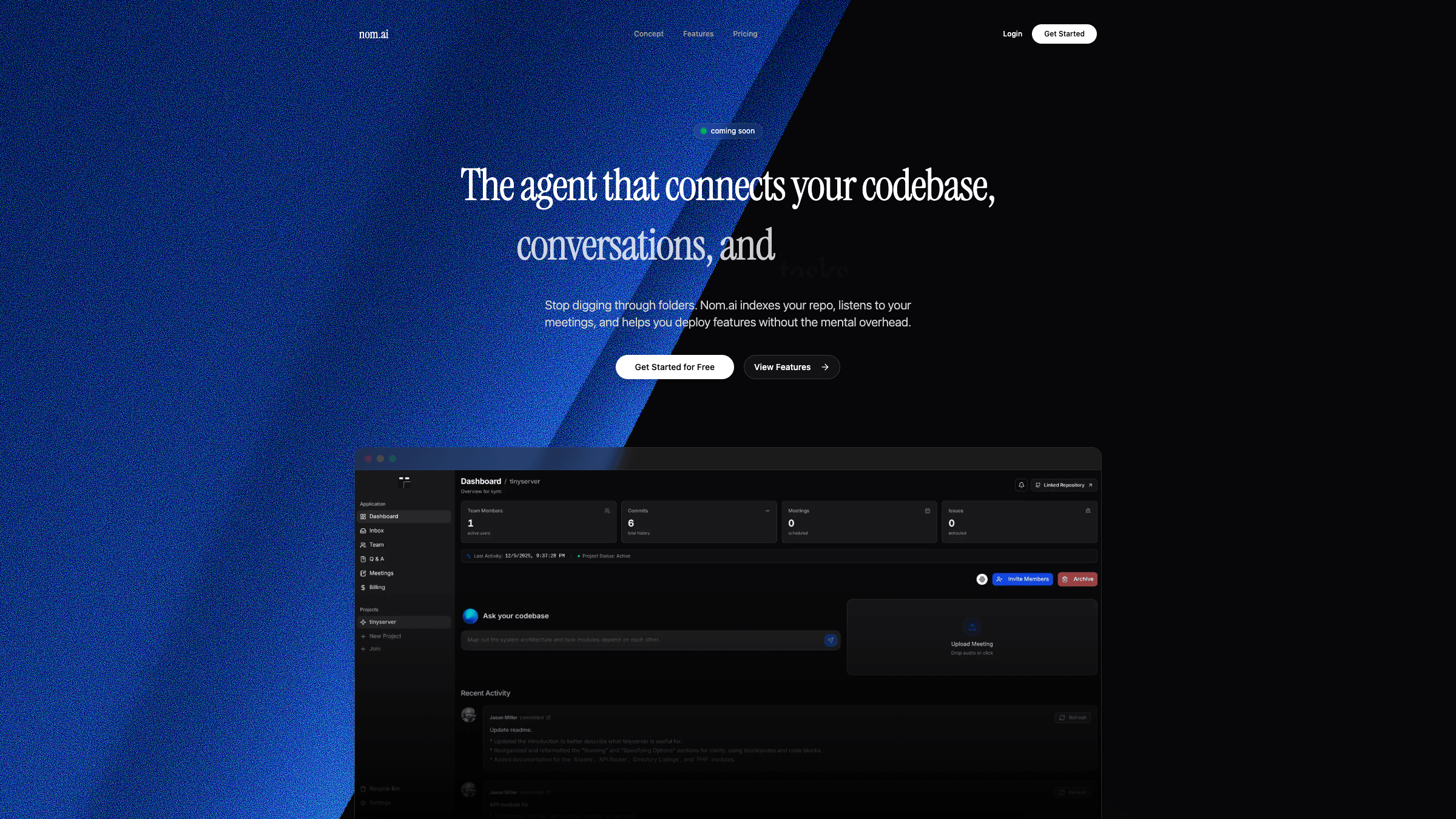 nom.ai codebase agent landing page